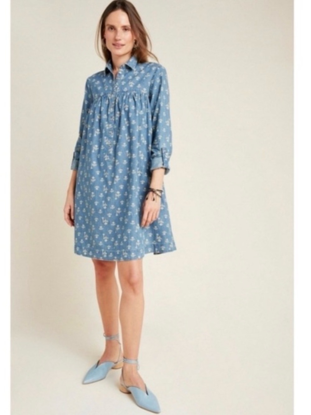Anthropologie Pilcro Rochelle Floral Chambray Mini Cotton Shirt Dress